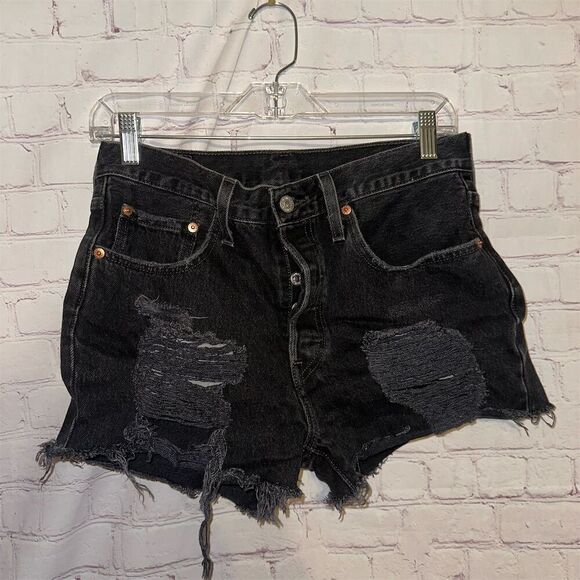 Levi's Women's 501 Distressed Denim Shorts Black Size 28 Biker Style - Picture 1 of 7